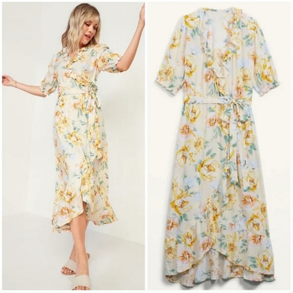 Old Navy Floral Wrap Midi Dress - Yellow and Green